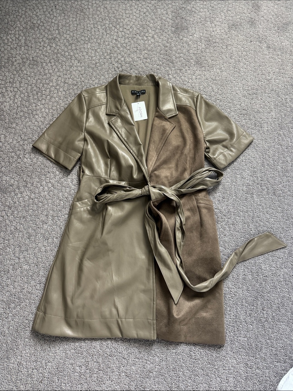 Two-Tone Olive Faux Leather & Suede Short Trench Dress